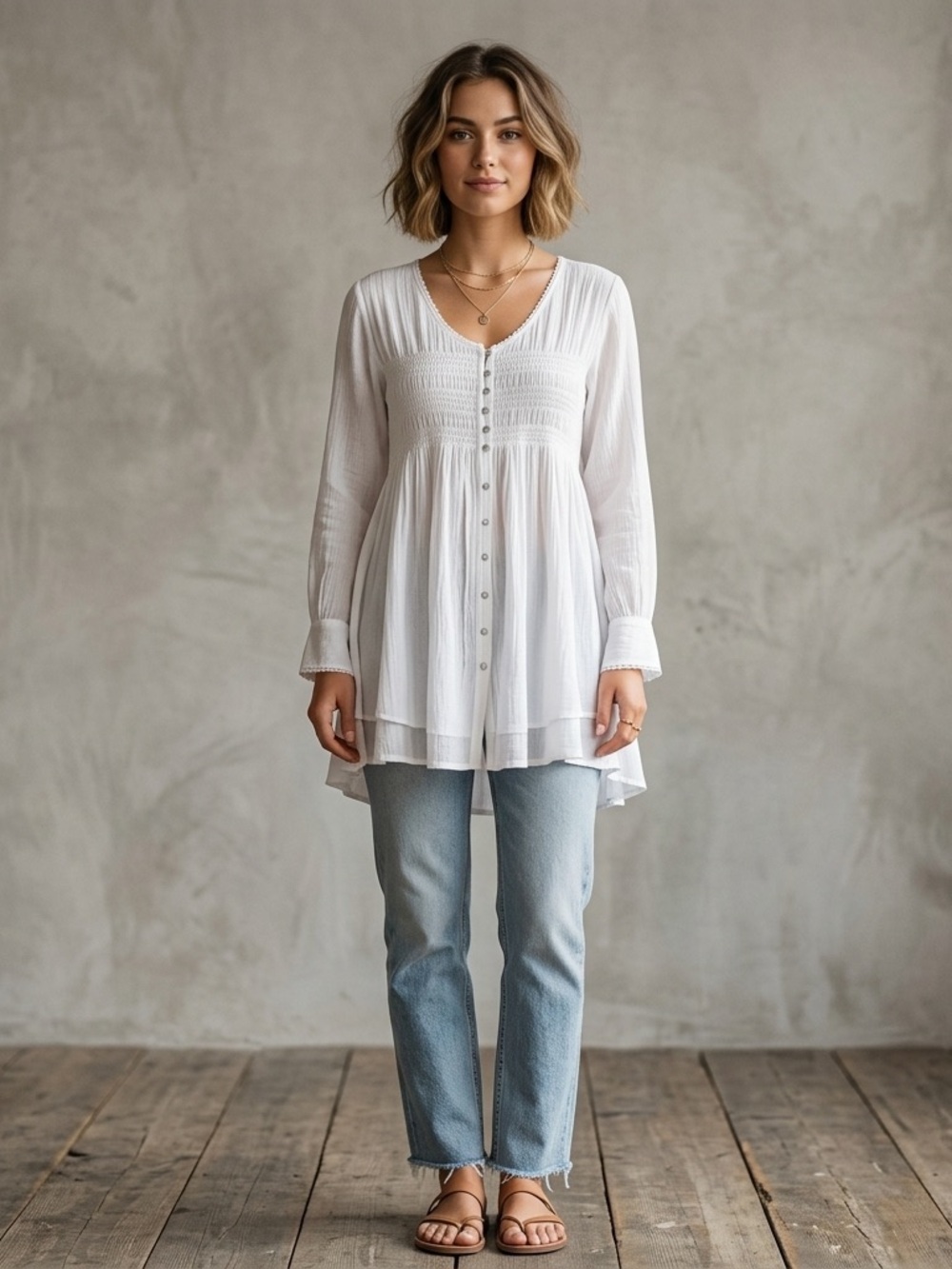 Women's Adini Cream Button-Front Smocked Peasant Tunic NWT size Large